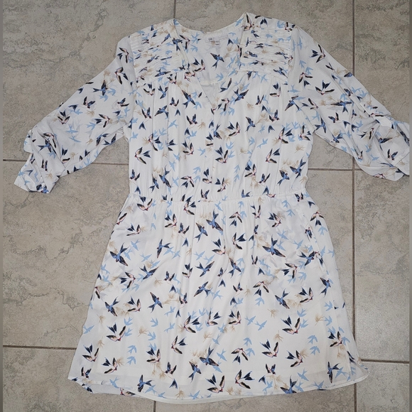DR2 Bird Pattern Shirt Dress w/button roll up sleeves - Picture 2 of 11